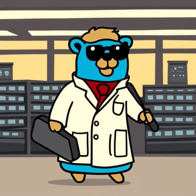 Go blue gopher as the character in the style of film American Psycho from the scene with robe and axe.