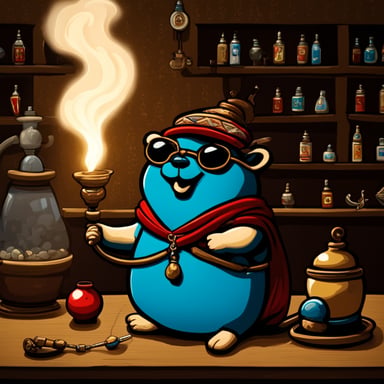 Go Blue Gopher wearing a Tunisian chechia sitting in a shisha bar smoking a shisha.