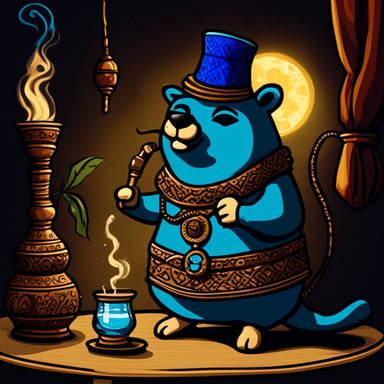 Go Blue Gopher wearing a Tunisian chechia sitting in a shisha bar smoking a shisha.