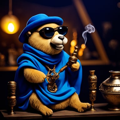 Go Blue Gopher wearing a Tunisian chechia sitting in a shisha bar smoking a shisha.