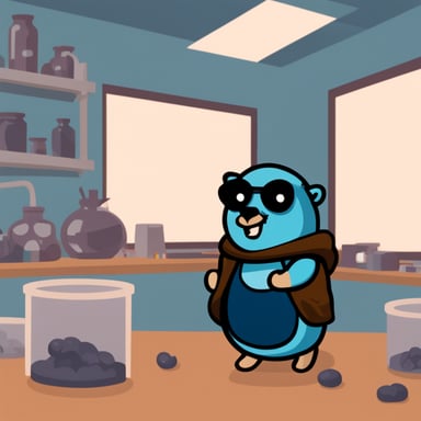 Go Blue Gopher sitting in his lab