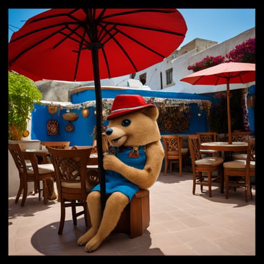 Go Blue Gopher wearing a Tunisian red chechia hat sitting in a shisha bar in Sidi Bou Said smoking a shisha.