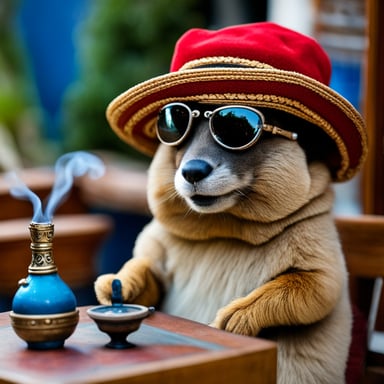 Go Blue Gopher wearing a Tunisian red chechia hat sitting in a shisha bar in Sidi Bou Said smoking a shisha.