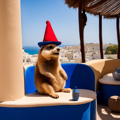 Go Blue Gopher wearing a Tunisian red chechia hat sitting in a shisha bar in Sidi Bou Said smoking a shisha.