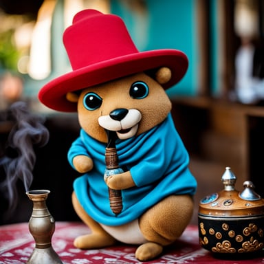 Go Blue Gopher wearing a Tunisian red chechia hat sitting in a shisha bar in Sidi Bou Said smoking a shisha.
