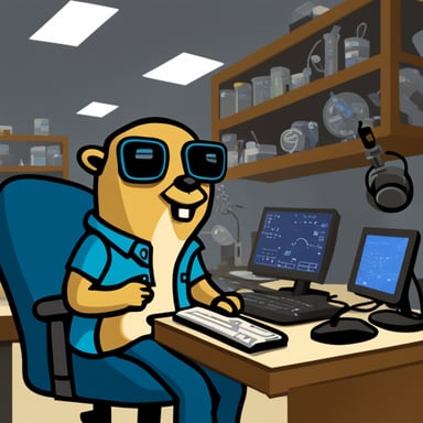 Go Blue Gopher, concentrated in his electronics lab
