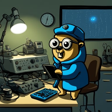 Go Blue Gopher, concentrated in his electronics lab