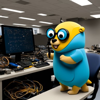 Go Blue Gopher, concentrated in his electronics lab