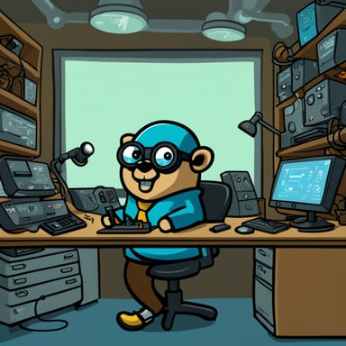 Go Blue Gopher, concentrated in his electronics lab