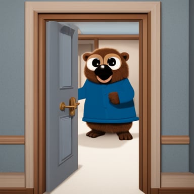 Create a frame of The Shining movie where, instead of Jack Nicholson, it's Go Blue Gopher peering through the door, designed with high realism and 4K quality.