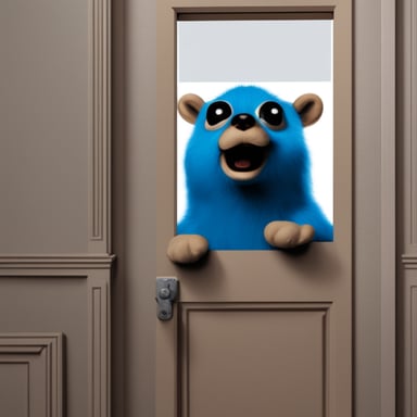 Create a frame of The Shining movie where, instead of Jack Nicholson, it's Go Blue Gopher peering through the door, designed with high realism and 4K quality.
