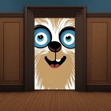 Create a frame of The Shining movie where, instead of Jack Nicholson, it's Go Blue Gopher peering through the door, designed with high realism and 4K quality.