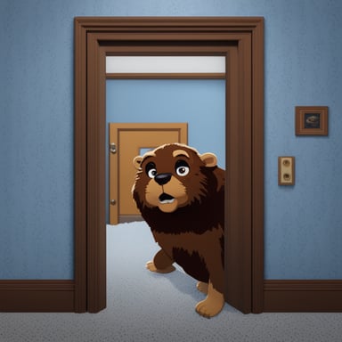Create a frame of The Shining movie where, instead of Jack Nicholson, it's Go Blue Gopher peering through the door, designed with high realism and 4K quality.
