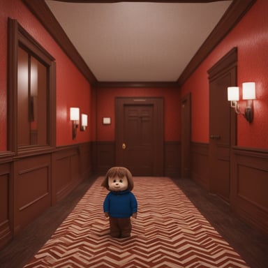 Create a frame of The Shining movie, exactly at the scene HERE'S JOHNNY!, where instead of Jack Nicholson peering through the door with a psycho smile, it's go blue gopher with a highly realistic and 4K quality.