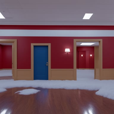 Create a frame of The Shining movie, exactly at the scene HERE'S JOHNNY!, where instead of Jack Nicholson peering through the door with a psycho smile, it's go blue gopher with a highly realistic and 4K quality.