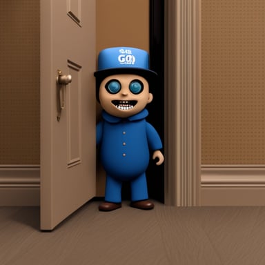 Create a frame with Go Blue Gopher as Jack Nicholson from The Shining movie, specifically the HERE'S JOHNNY! scene, where Go Blue Gopher is peeking through the door with a psycho smile in high realistic 4k quality.