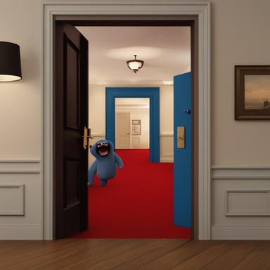 Create a frame with Go Blue Gopher as Jack Nicholson from The Shining movie, specifically the HERE'S JOHNNY! scene, where Go Blue Gopher is peeking through the door with a psycho smile in high realistic 4k quality.