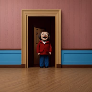 Create a frame with Go Blue Gopher as Jack Nicholson from The Shining movie, specifically the HERE'S JOHNNY! scene, where Go Blue Gopher is peeking through the door with a psycho smile in high realistic 4k quality.
