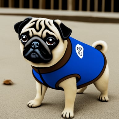 Go Blue Gopher as Livi the female pug, with GO GO BLUE GOPHER written on her collar.