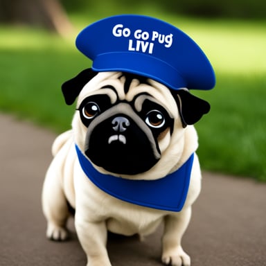Go Blue Gopher as Livi the female pug, with GO GO BLUE GOPHER written on her collar.