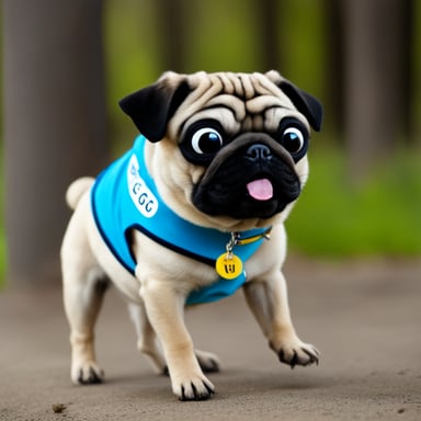 Go Blue Gopher as Livi the female pug, with GO GO BLUE GOPHER written on her collar.