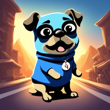 Go Blue Gopher as Livi the female pug, with GO GO BLUE GOPHER written on her collar.