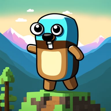 Happy Minecraft Style Go Blue Gopher in the mountains
