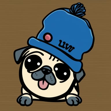Go Blue Gopher as Livi, the female pug, with LIVI written on her hat, and her tongue out.