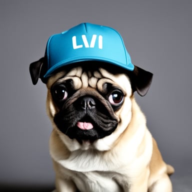 Go Blue Gopher as Livi, the female pug, with LIVI written on her hat, and her tongue out.