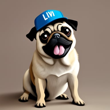 Go Blue Gopher as Livi, the female pug, with LIVI written on her hat, and her tongue out.