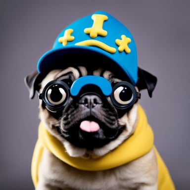 Go Blue Gopher as Livi, the female pug, with LIVI written on her hat, and her tongue out.