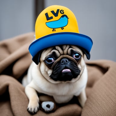 Go Blue Gopher as Livi, the female pug, with LIVI written on her hat, and her tongue out.