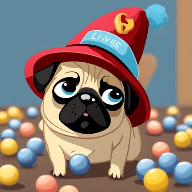 Go Blue Gopher as Livi, the female pug, with LIVI written on her hat, and her tongue out.
