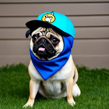 Go Blue Gopher as Livi, the female pug, with LIVI written on her hat, and her tongue out.