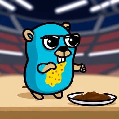 Go Blue Gopher eating curry wurtz