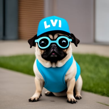 Go blue gopher as Livi, the female pug, with LIVI PPLS written on her hat, and her tongue out.