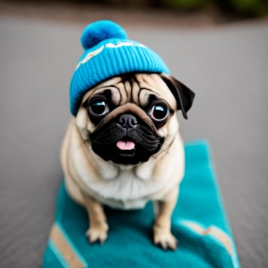 Go blue gopher as Livi, the female pug, with LIVI PPLS written on her hat, and her tongue out.