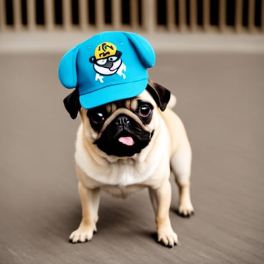 Go blue gopher as Livi, the female pug, with LIVI PPLS written on her hat, and her tongue out.