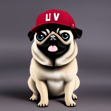 Go blue gopher as Livi, the female pug, with LIVI PPLS written on her hat, and her tongue out.