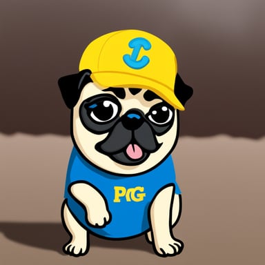 Go Blue Gopher as Livi, the female pug, with GO BLUE GOPHER PPLS written on her hat, and her tongue out.