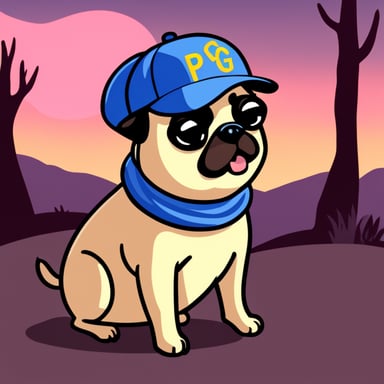 Go Blue Gopher as Livi, the female pug, with GO BLUE GOPHER PPLS written on her hat, and her tongue out.