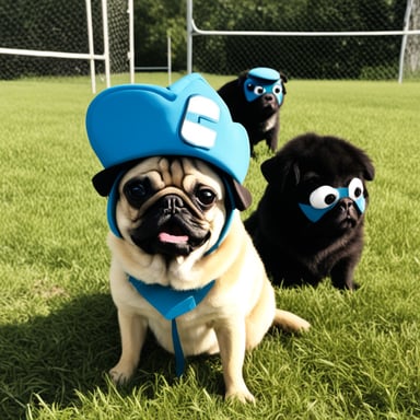 Go Blue Gopher as Livi, the female pug, with GO BLUE GOPHER PPLS written on her hat, and her tongue out.