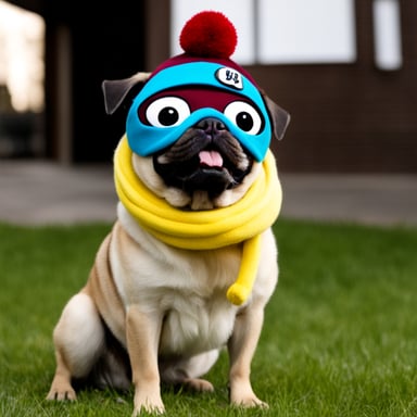 Go Blue Gopher as Livi, the female pug, with GO BLUE GOPHER PPLS written on her hat, and her tongue out.
