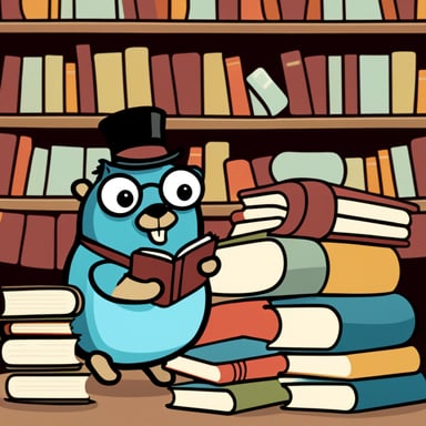 Go Blue Gopher reading a book with a monocle, with a pile of books next to it.