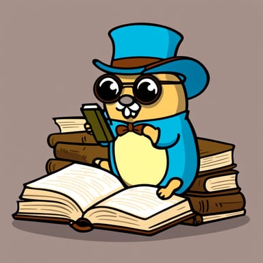 Go Blue Gopher reading a book with a monocle, with a pile of books next to it.