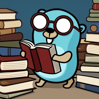 Go Blue Gopher reading a book with a monocle, with a pile of books next to it.