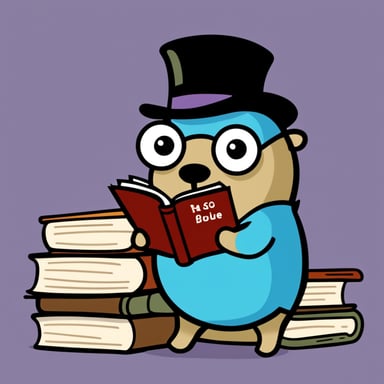 Go Blue Gopher reading a book with a monocle, with a pile of books next to it.