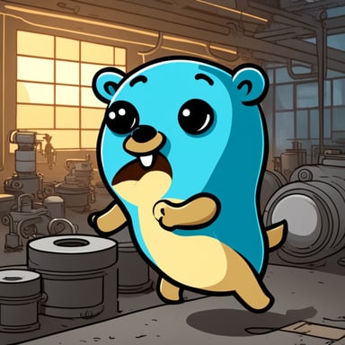 Happy go blue gopher in a factory.
