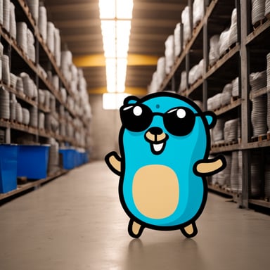 Happy go blue gopher in a factory.