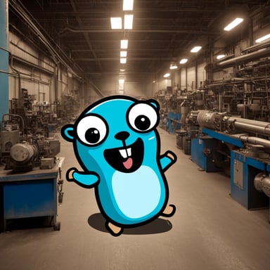 Happy go blue gopher in a factory.